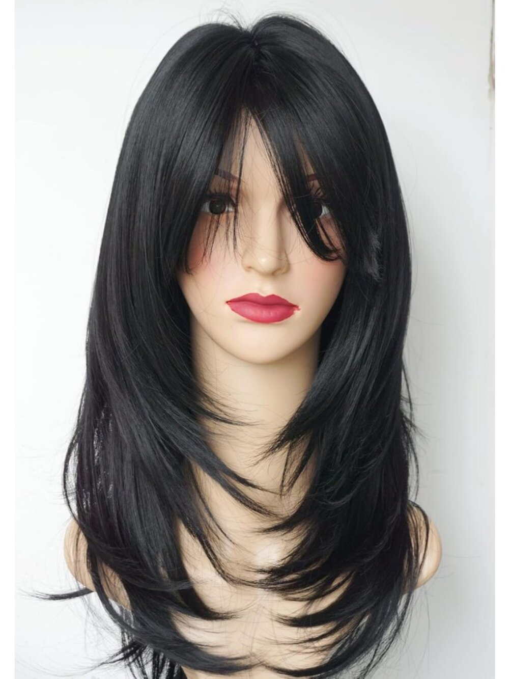 Women's Fashion Black Long Layered Shoulder Synthetic Highlight With Bangs Wigs